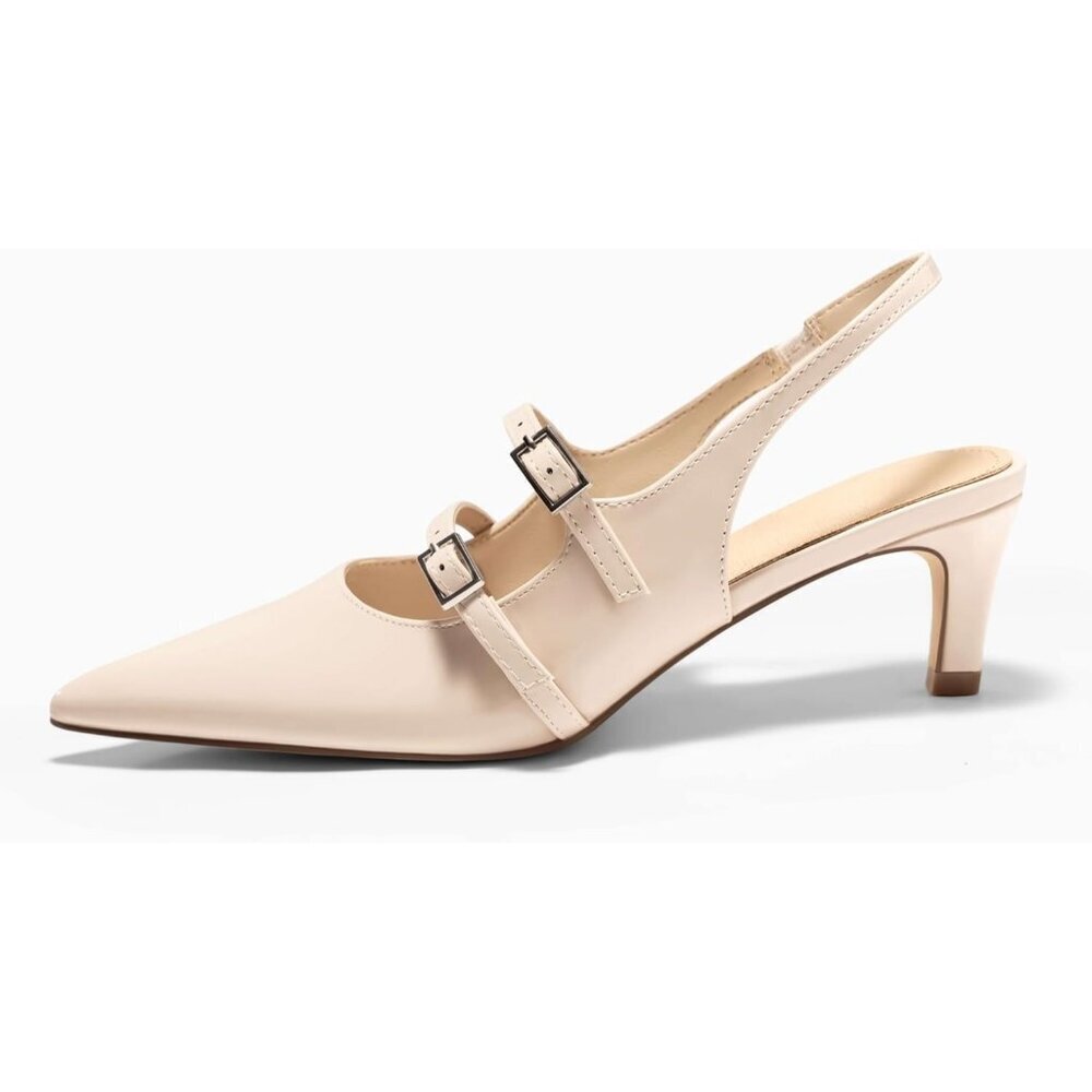 Women's Slingbak Ktiten Pumpe Closed  Pointed Toe Heels Wedding Dress Shoe Beige - Picture 3 of 6